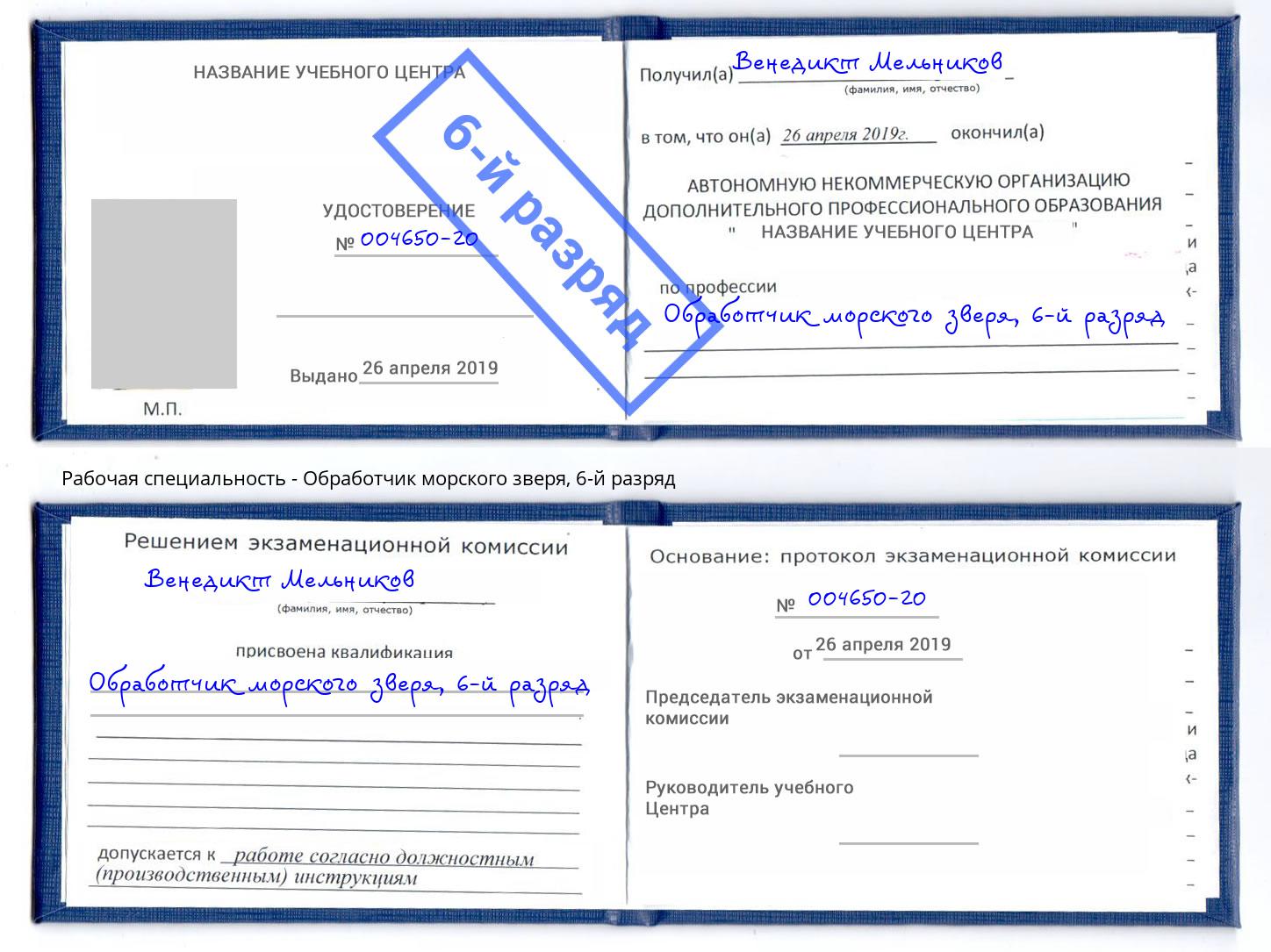 корочка 6-й разряд Обработчик морского зверя Черемхово