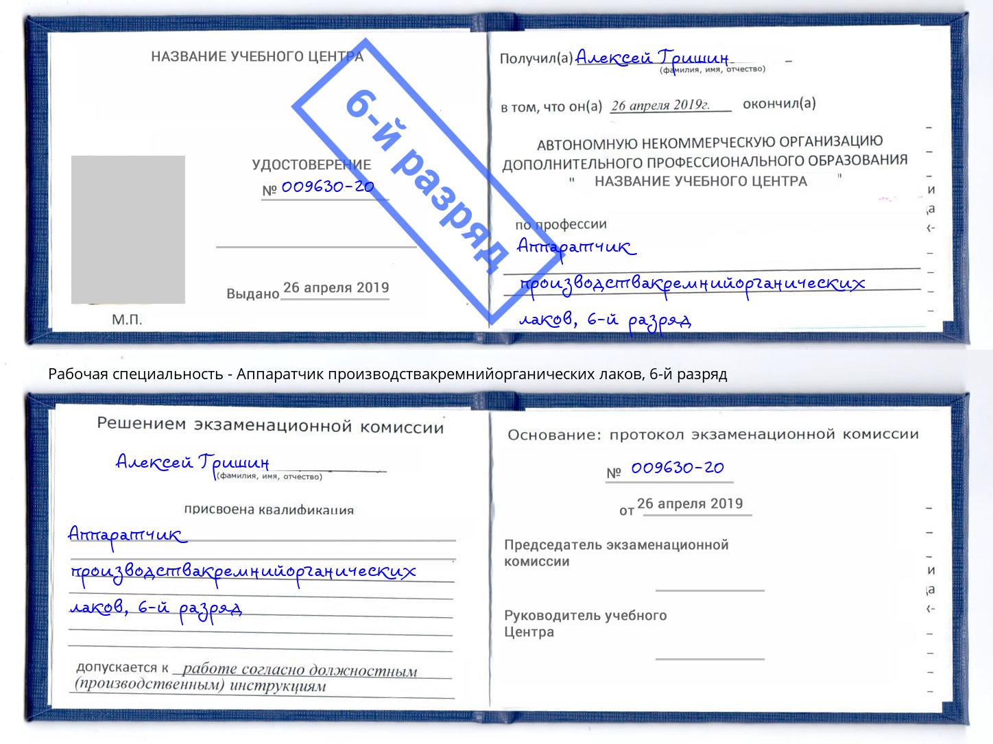 корочка 6-й разряд Аппаратчик производствакремнийорганических лаков Черемхово