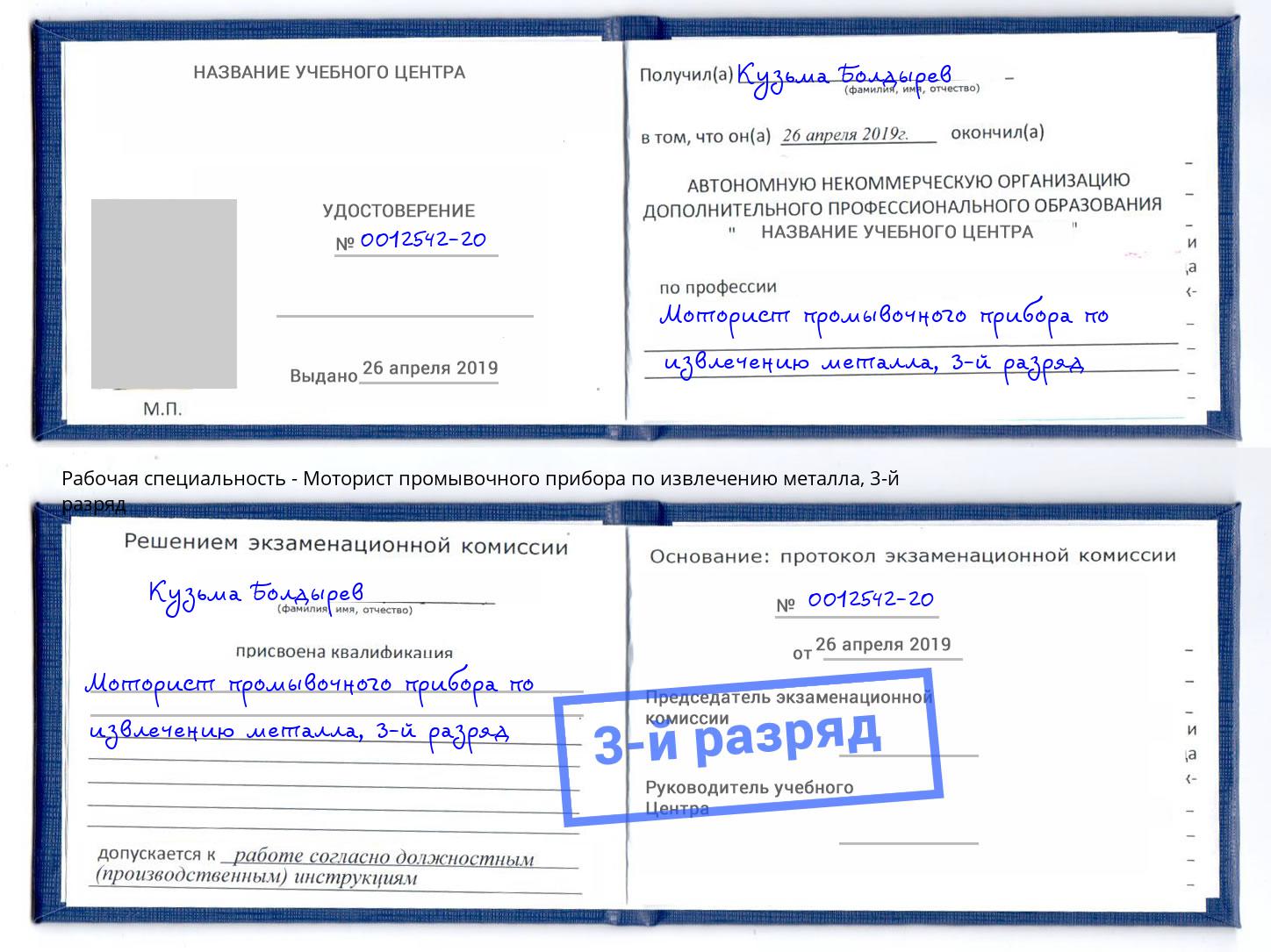 корочка 3-й разряд Моторист промывочного прибора по извлечению металла Черемхово